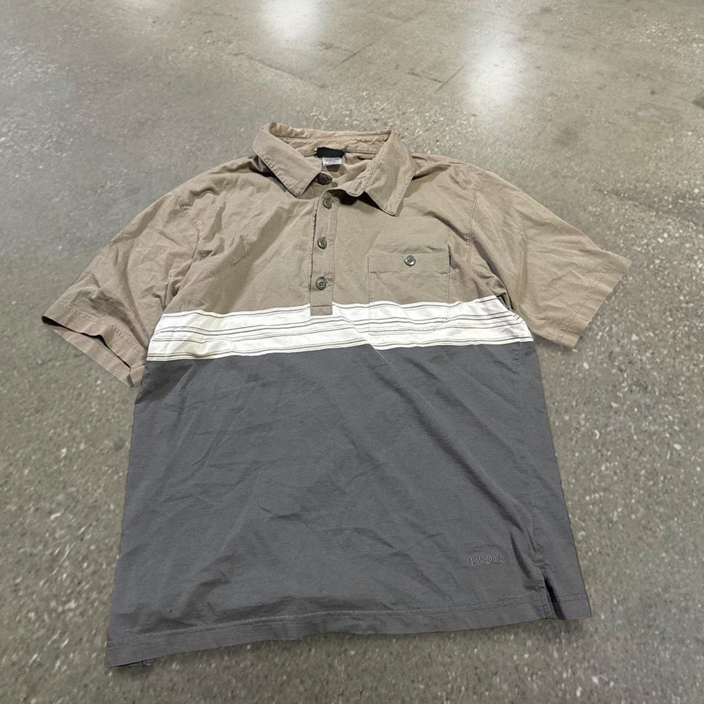Patagonia Organic Cotton Polo Shirt Mens Medium Grey Tan Y2K Colorblock Striped
